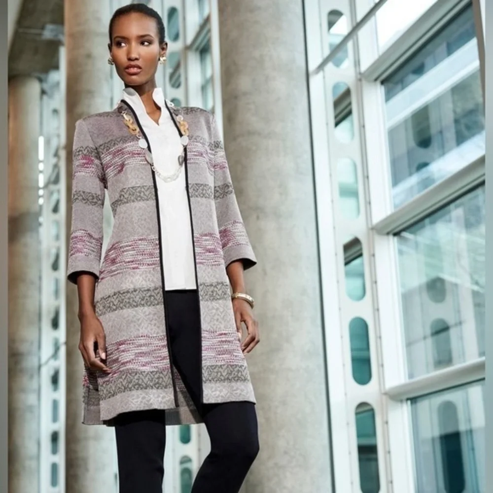 MISOOK INTARSIA KNIT PATTERN DUSTER CARDIGAN JACKET BUSINESS CASUAL BLAZER SZ M